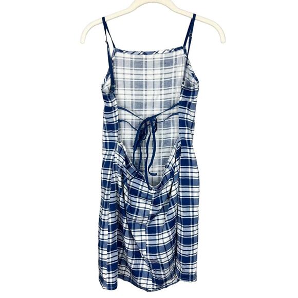 UO Lani Strappy Back Bodycon Mini Dress Blue Plaid sz L Spring Summer - Picture 3 of 10